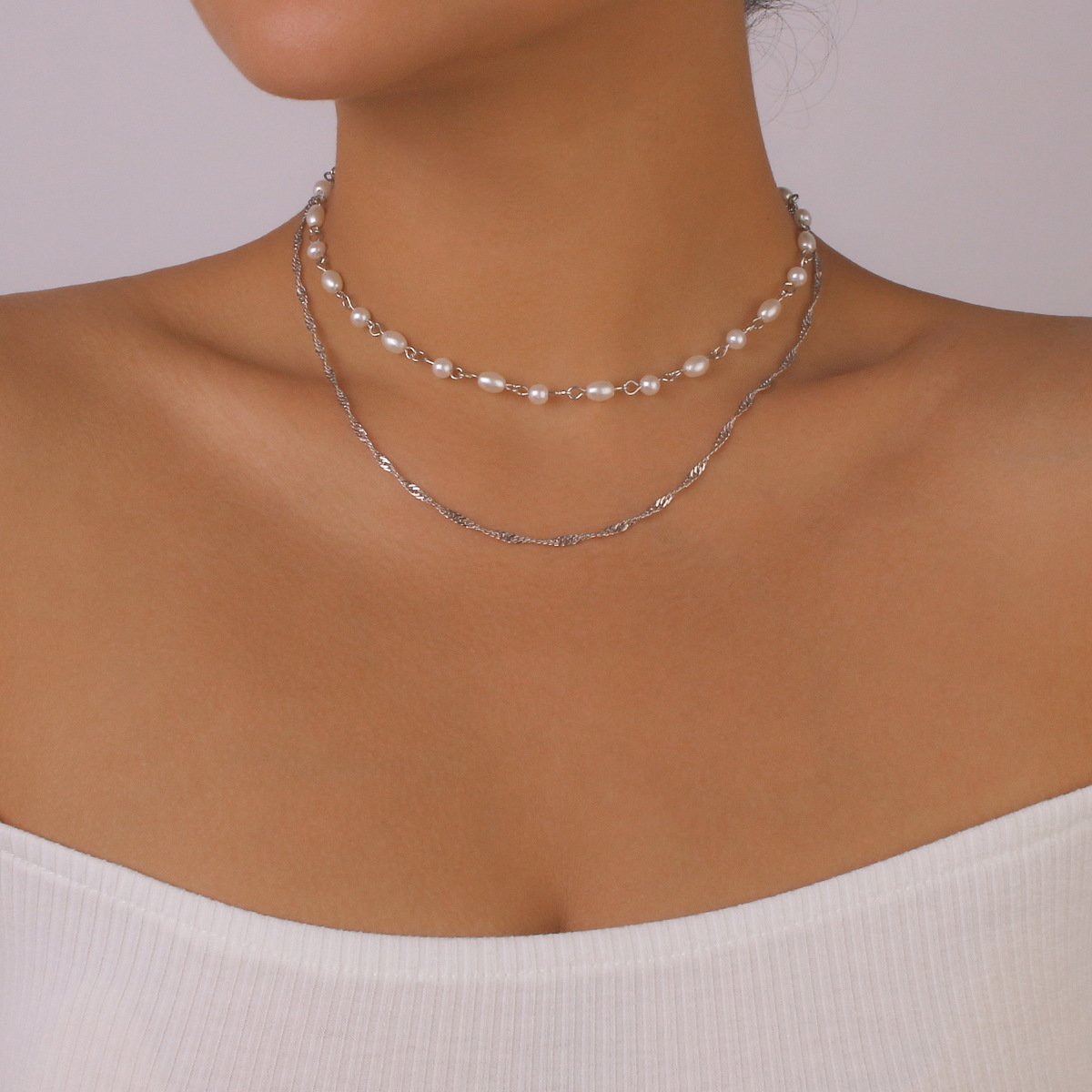 N125 Fashion Internet Red Simple Necklace Imitation Pearl Stacked Small Necklace Cold Geometric Necklace