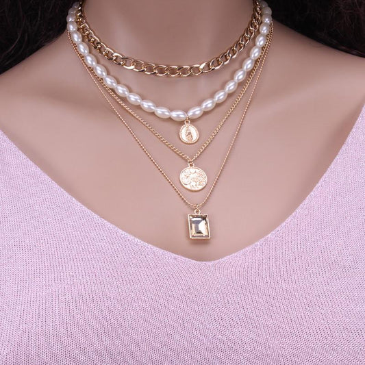 Jewelry Retro Portrait Gem Necklace Sweater Chain Female Personality Color Multi-layer Pearl Necklace