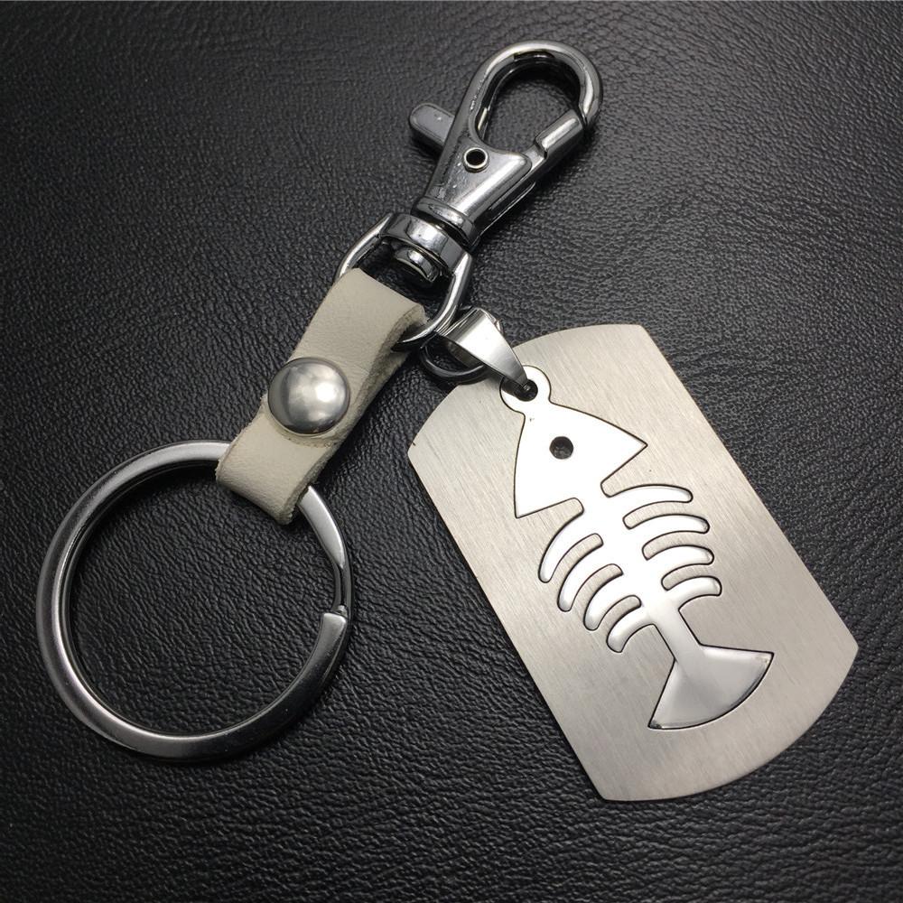 Double-layer fish bone fish rack titanium steel cowhide key chain stainless steel pendant men's waist hanging women's bag pendant