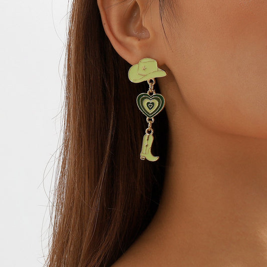 E1365 Popular Jewelry Modern Trendy Girl Earrings Hat Love Cowboy Boots Drip Oil Multilayer Earrings