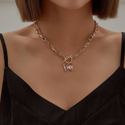 Copper micro-inlaid dream transparent color crystal butterfly pendant fashion double chain OT buckle necklace for women