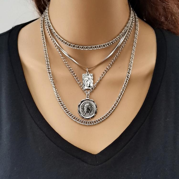 Jewelry Vintage Multilayer Chain Angel Wings Embossed Queen Image Necklace Clavicle Chain