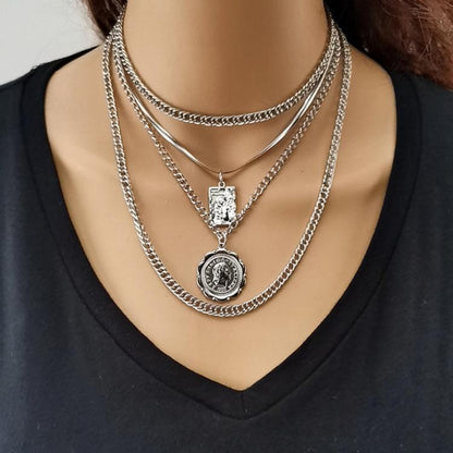 Jewelry Vintage Multilayer Chain Angel Wings Embossed Queen Image Necklace Clavicle Chain