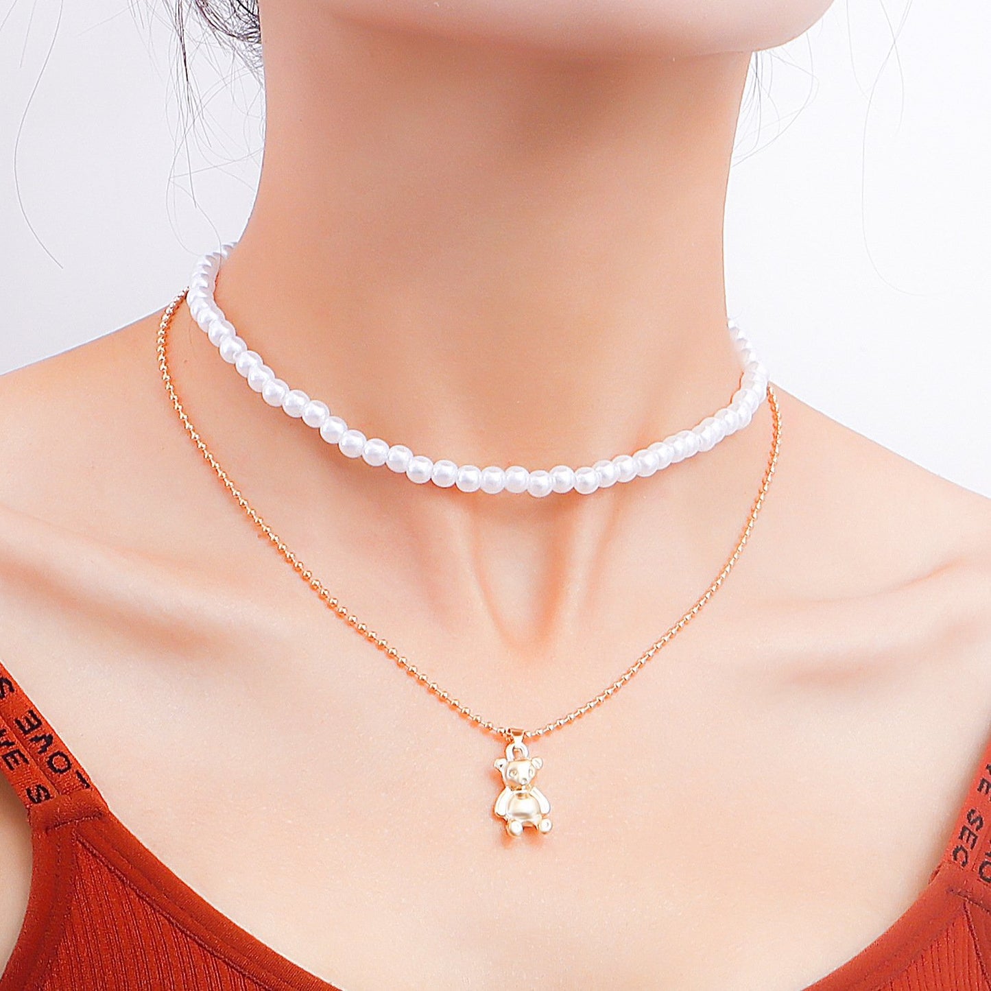 Jewelry Double Beaded Imitation Pearl Bear Pendant Necklace Women