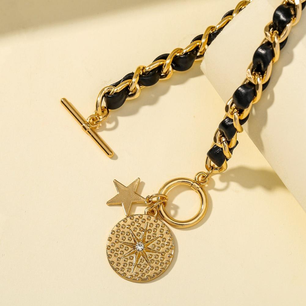 Ins niche light luxury leather rope braided bracelet pentagram hexagram round plate pendant OT buckle bracelet jewelry
