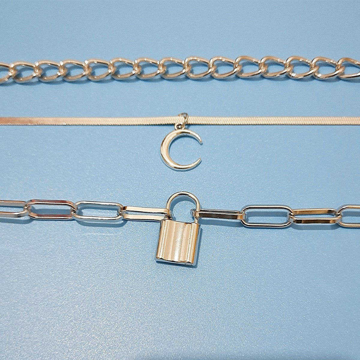 Jewelry Copper Snake Chain Crescent Pendant Necklace Women's Lock-shaped Multi-layer Sweater Chain Two-piece Set