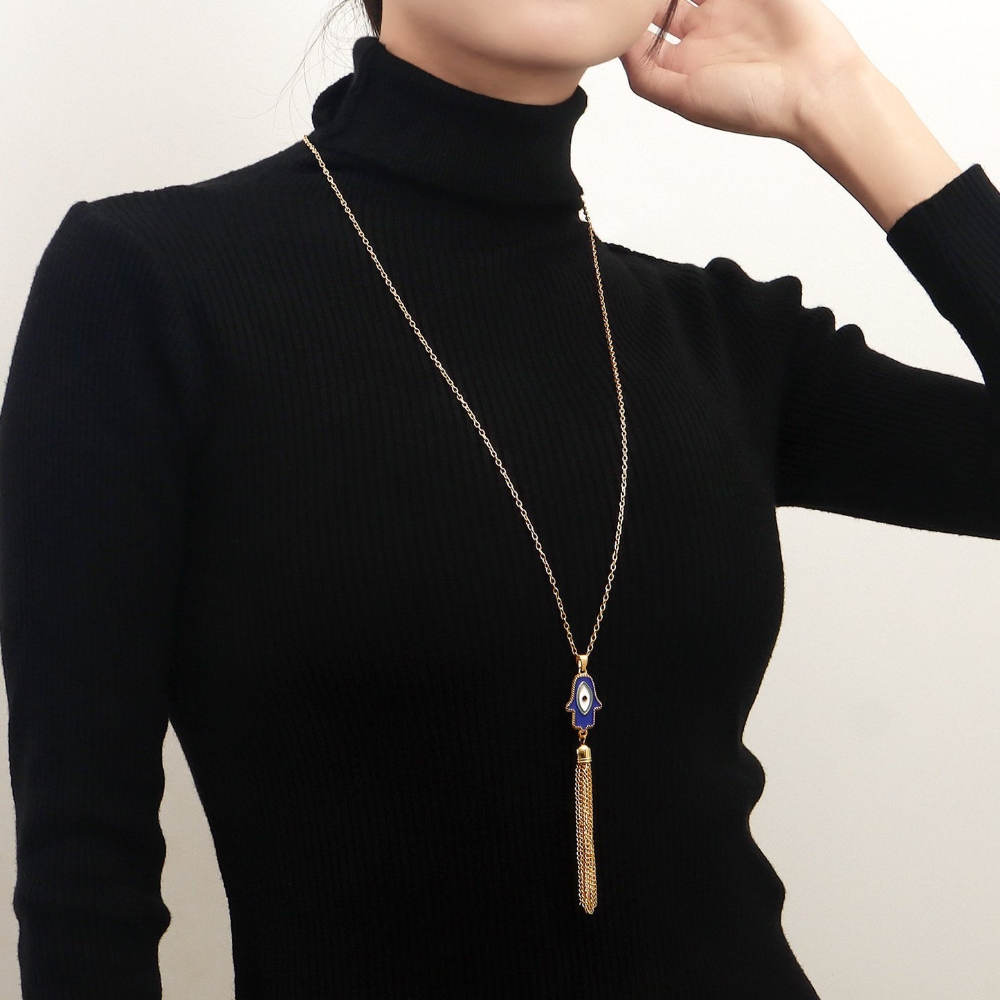 Jewelry Hand of Fatima Blue Evil Eye Tassel Pendant Necklace Women's Sweater Chain Trendy