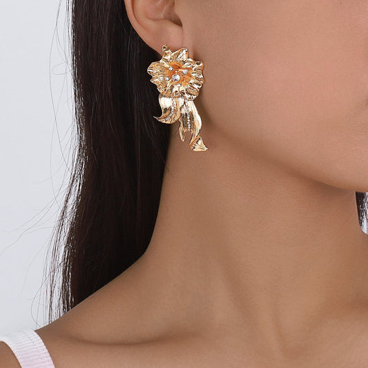 1614 Exaggerated Personality ZA Earrings Simple Metal Flower Rhinestone Earrings Niche Design Earrings