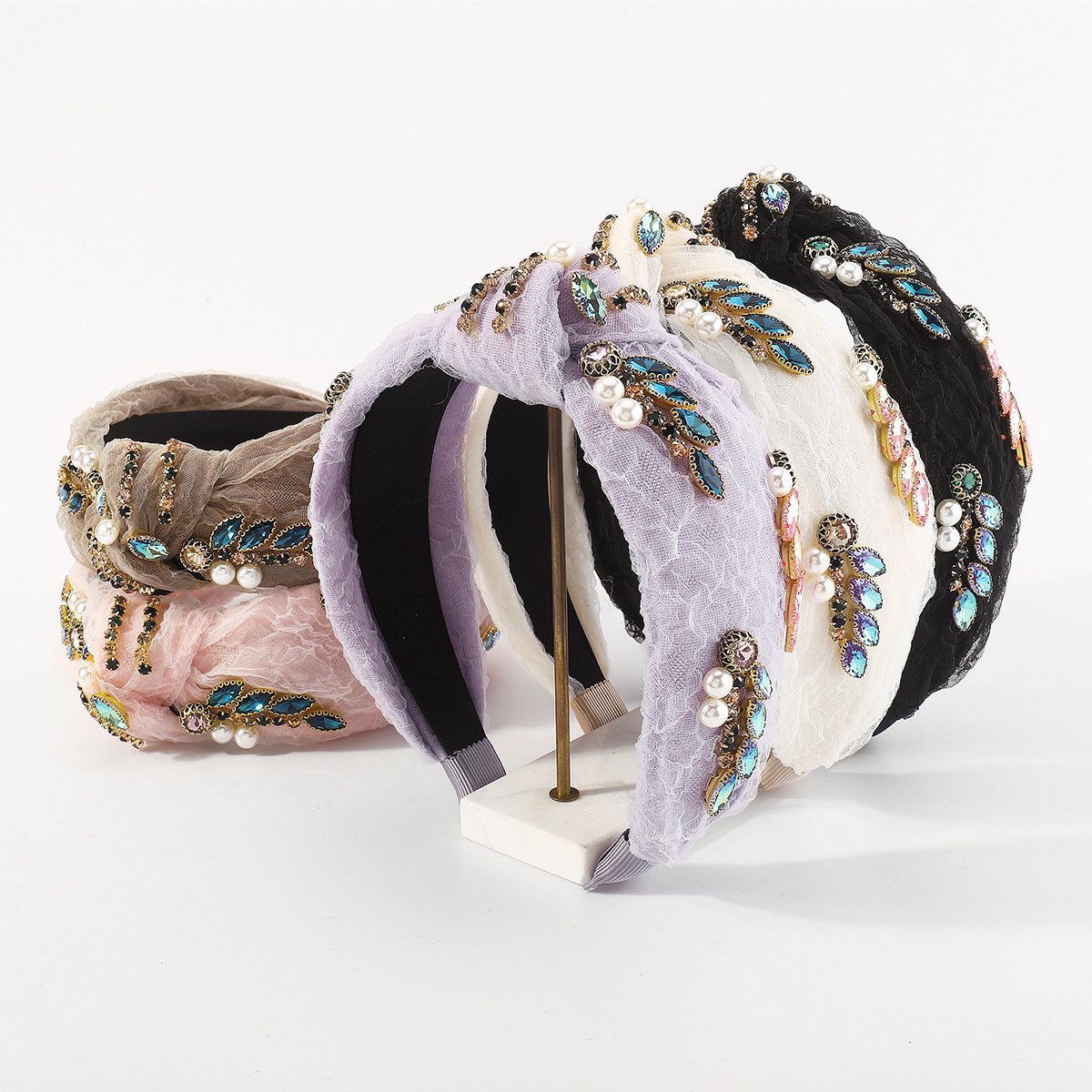 F525 baroque light luxury yarn material knotted headband pearl rhinestone retro elegant colorful headband