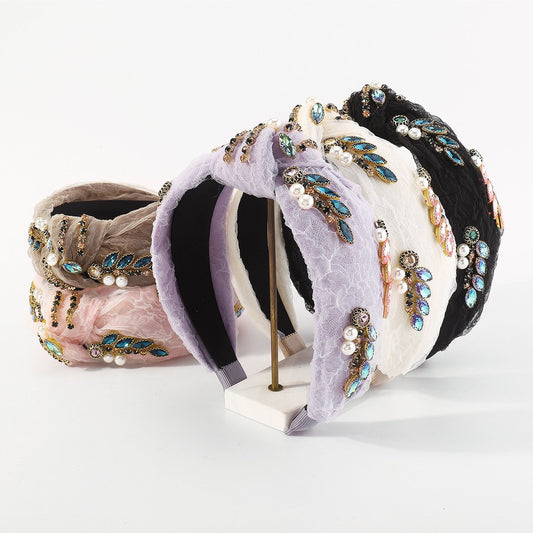 F525 baroque light luxury yarn material knotted headband pearl rhinestone retro elegant colorful headband