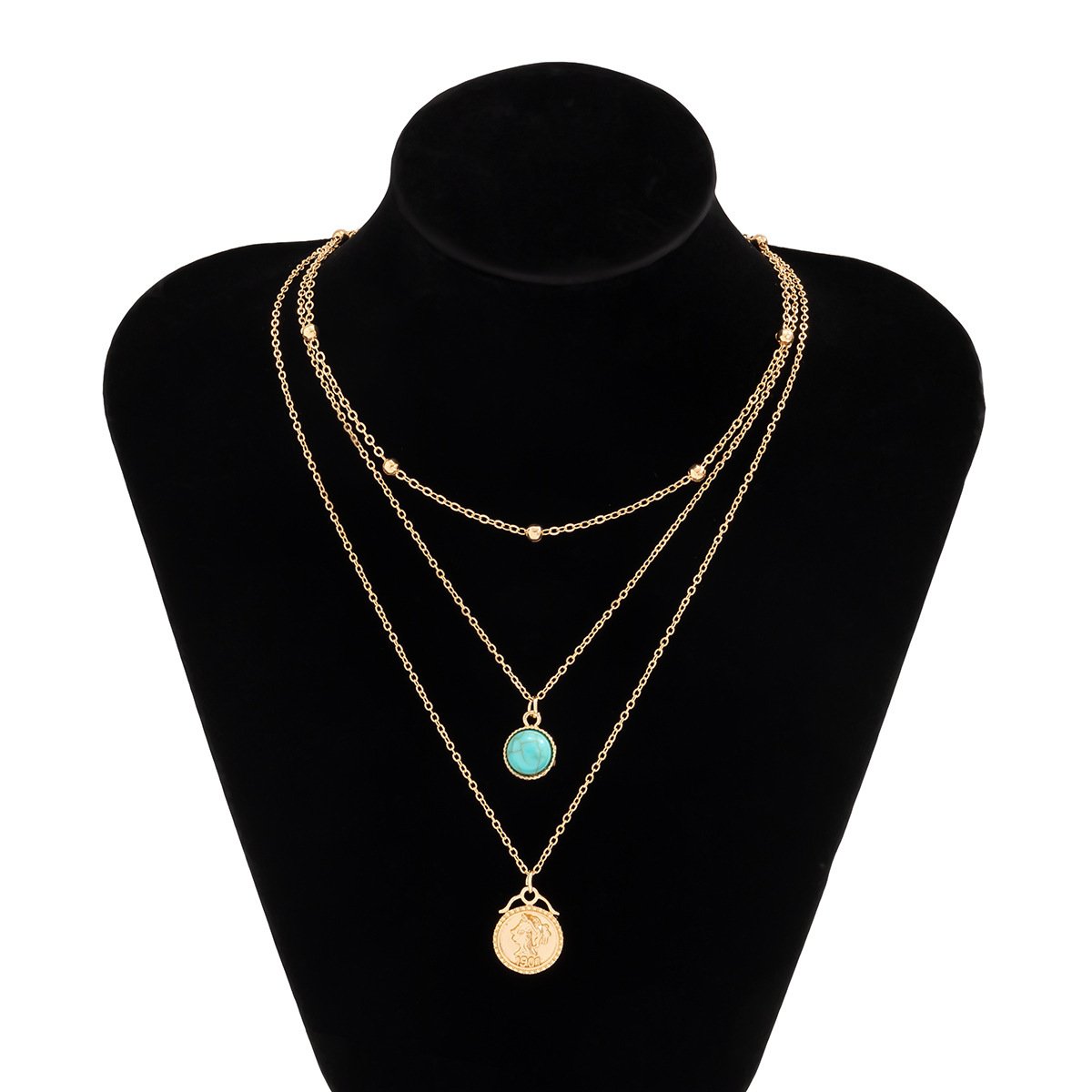 Jewelry Ethnic Thin Chain Metal Necklace Retro Portrait Embossed Turquoise Set Necklace Female
