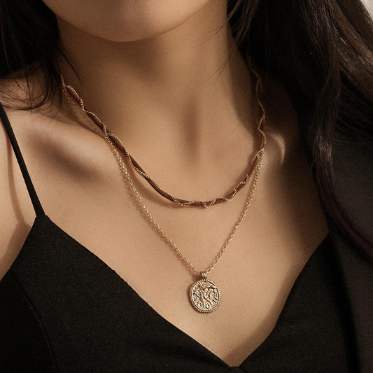 Ins simple personality double-layer suede rope chain winding coin pendant necklace clavicle chain female