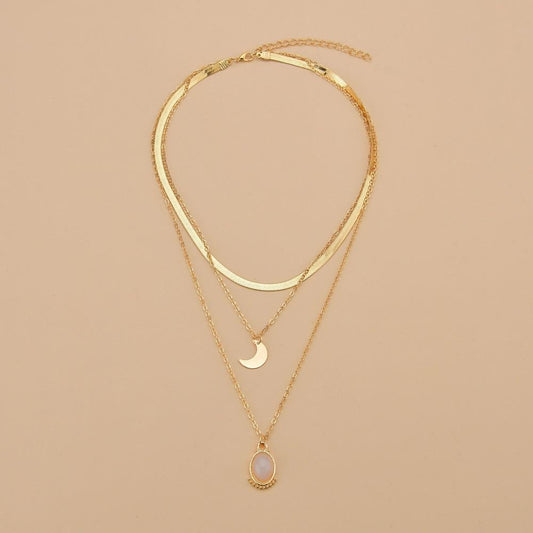Simple Moon Water Drop Alloy Pendant Necklace Retro Fashion Snake Chain Multilayer Necklace Women's Accessories
