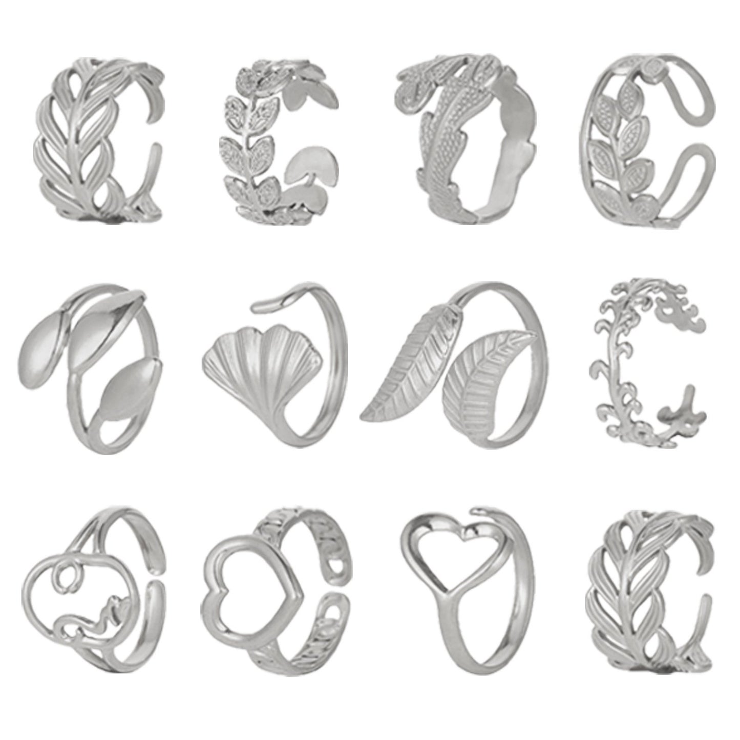 Fashion personality adjustable love stainless steel open ring simple feather leaf heart-shaped ring jewelry