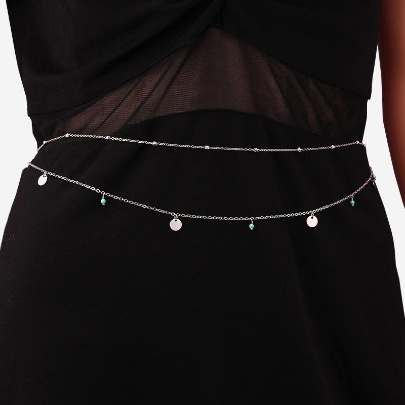 Versatile bead chain geometric body chain simple sequins turquoise pendant double waist chain women