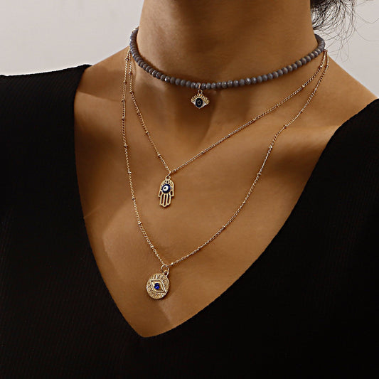 Jewelry trend multi-layer gray rhinestone blue devil's eye pendant necklace female personality necklace