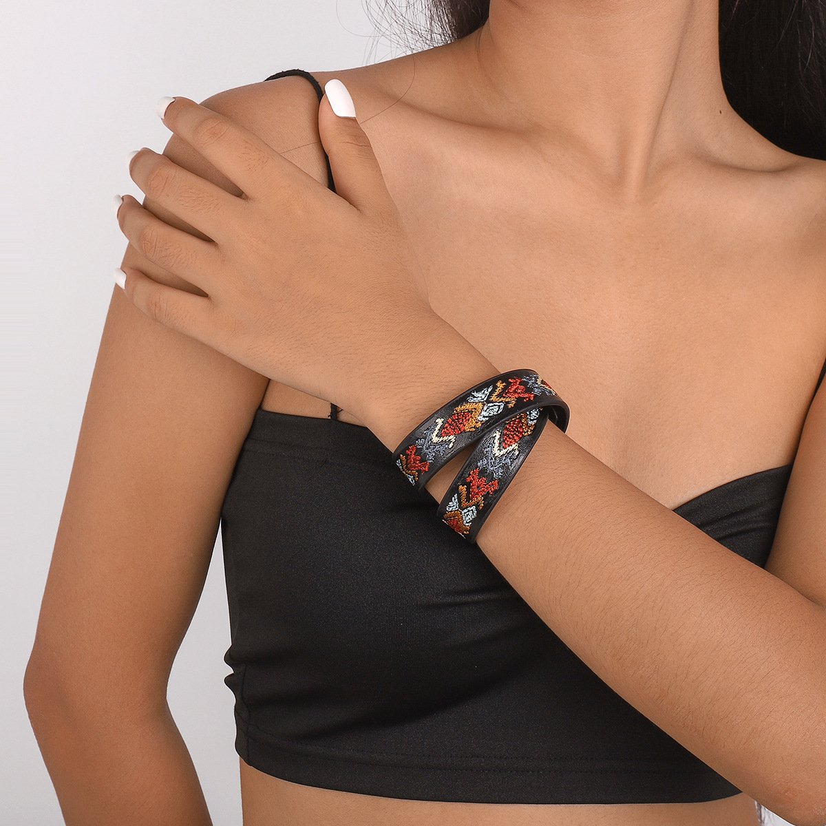 178 Personality Creative Leather Embroidered Bracelet Niche Exaggerated Rock Simple Small Fresh Internet Celebrity Bracelet