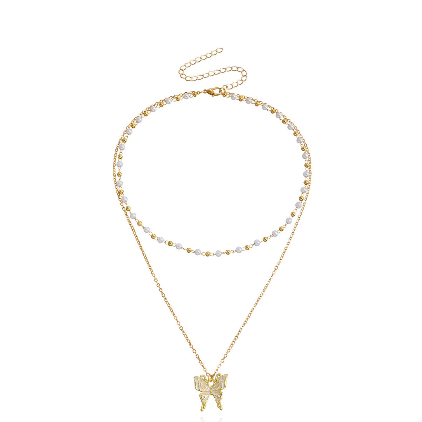Necklace Fashion Double Pearl Clavicle Chain Butterfly Pendant Necklace Female Jewelry