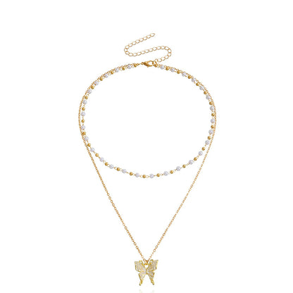 Necklace Fashion Double Pearl Clavicle Chain Butterfly Pendant Necklace Female Jewelry