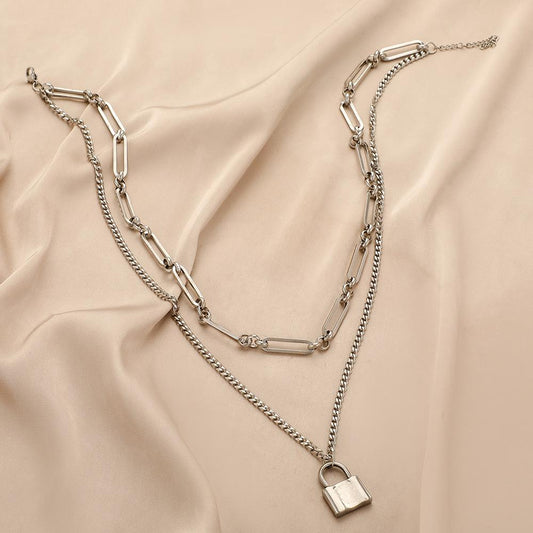 Fashion geometric chain design sense hip-hop double layer necklace punk retro lock men and women items
