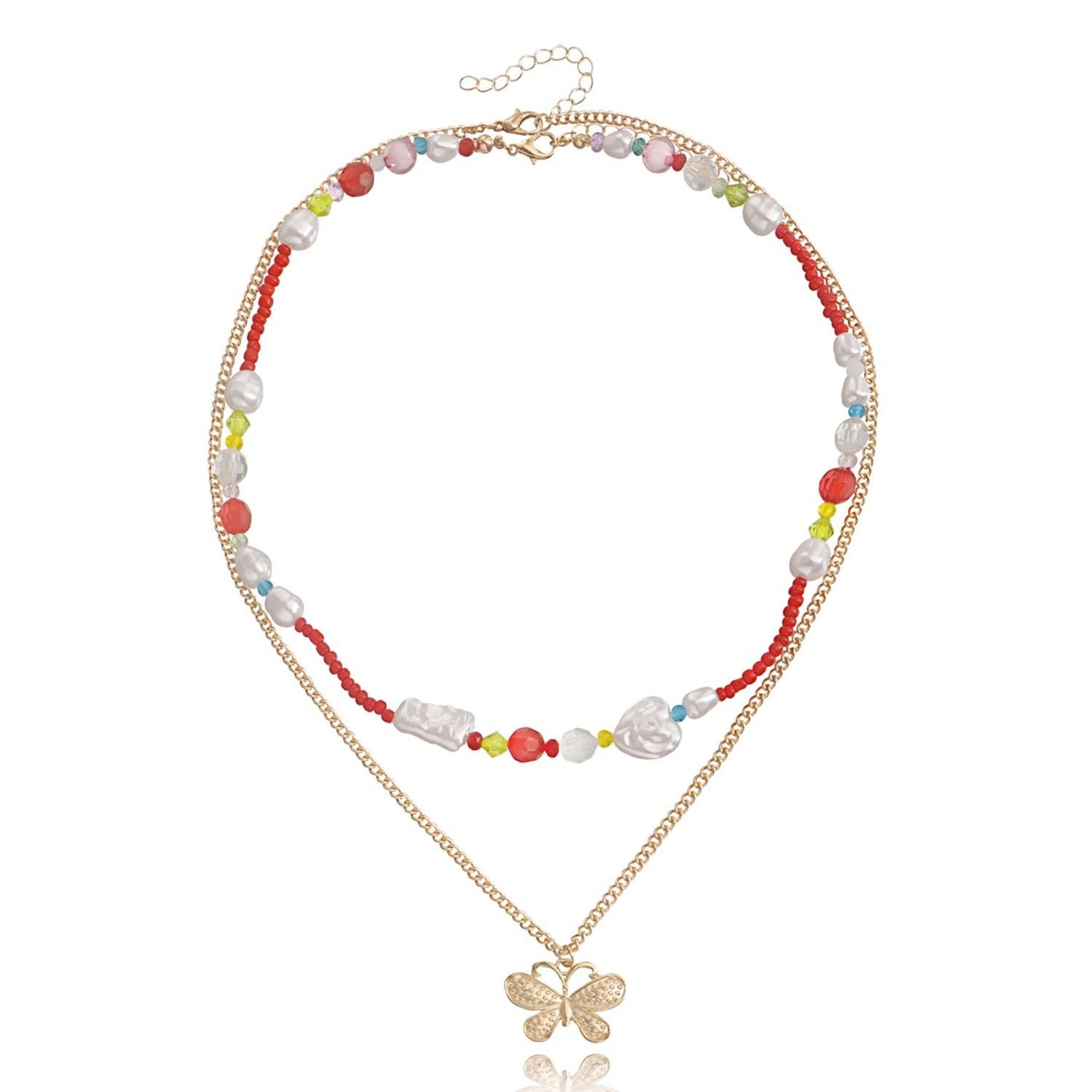 Jewelry Retro Metal Three-dimensional Butterfly Beads Necklace Women's Versatile Beaded Woven Pearl Necklace