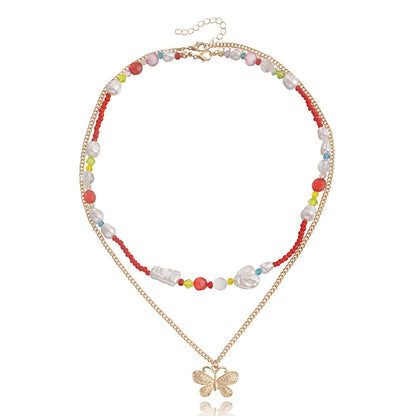 Jewelry Retro Metal Three-dimensional Butterfly Beads Necklace Women's Versatile Beaded Woven Pearl Necklace
