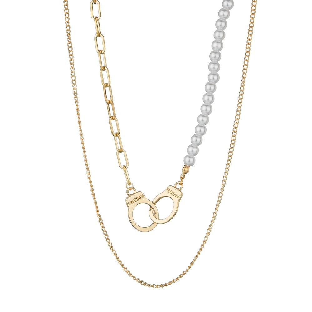 Fashion Alloy Handcuffs Asymmetrical Multilayer Necklace Simple Imitation Pearl Necklace Accessories