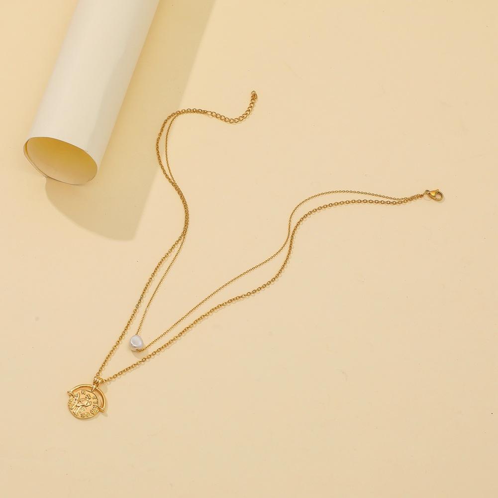 ins stainless steel real gold necklace creative ancient Roman letters coins wild pearl double layer necklace