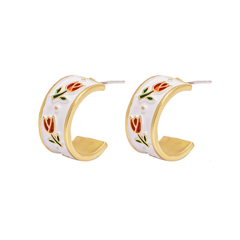 Niche retro Chinese spring tulip pattern enamel glaze silver needle C-shaped hoop earrings earrings women