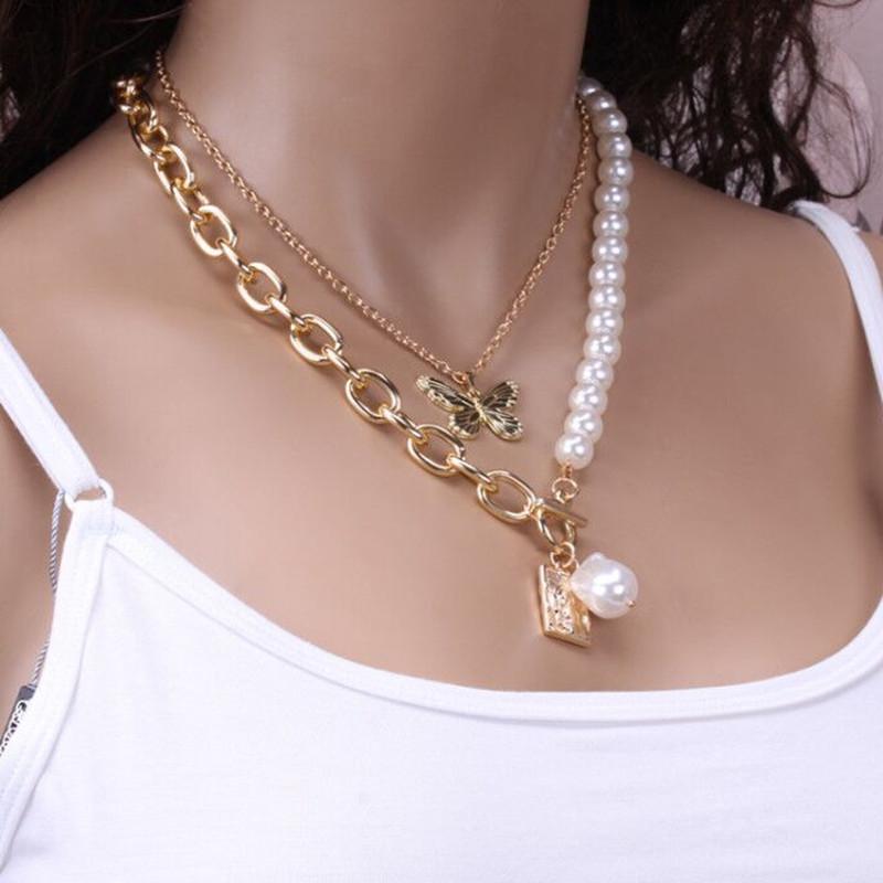 Baroque Pearl Jewelry Metal Butterfly Set Chain Retro Simple OT Buckle Necklace Multilayer Sweater Chain Necklace Female