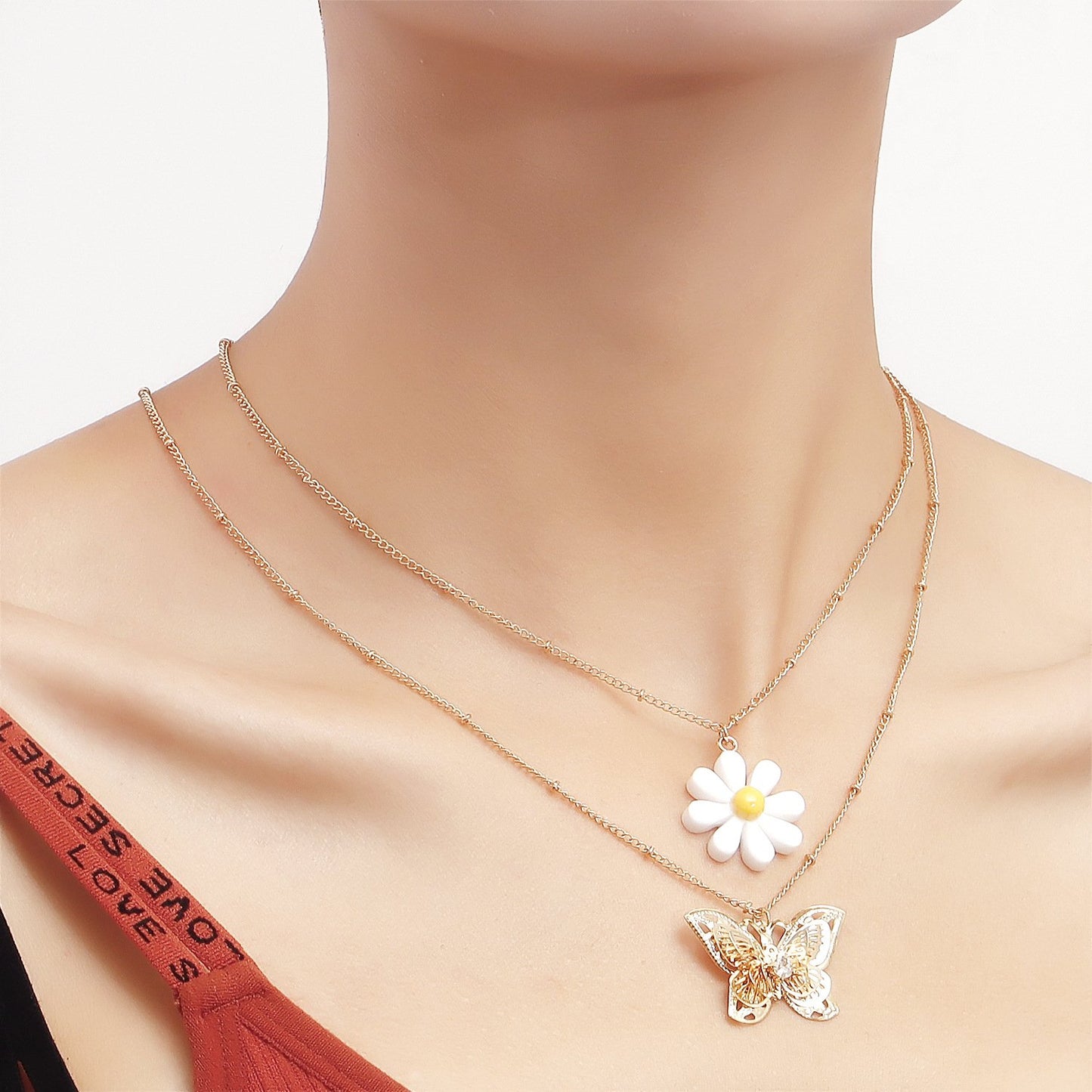 Jewelry Double Clavicle Chain Exaggerated Flower Butterfly Pendant Necklace Fashion Temperament Personality Necklace