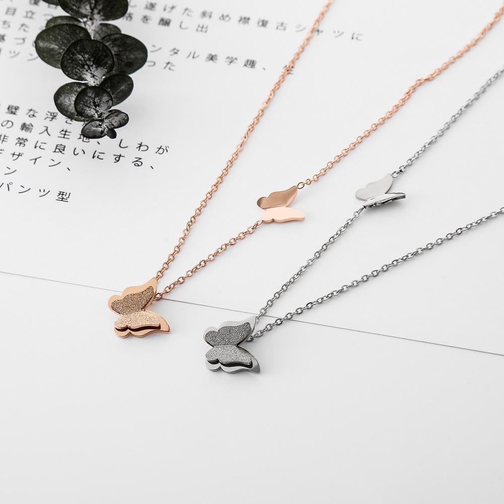 Fashion double frosted butterfly titanium steel pendant neck link simple stainless steel necklace jewelry for women