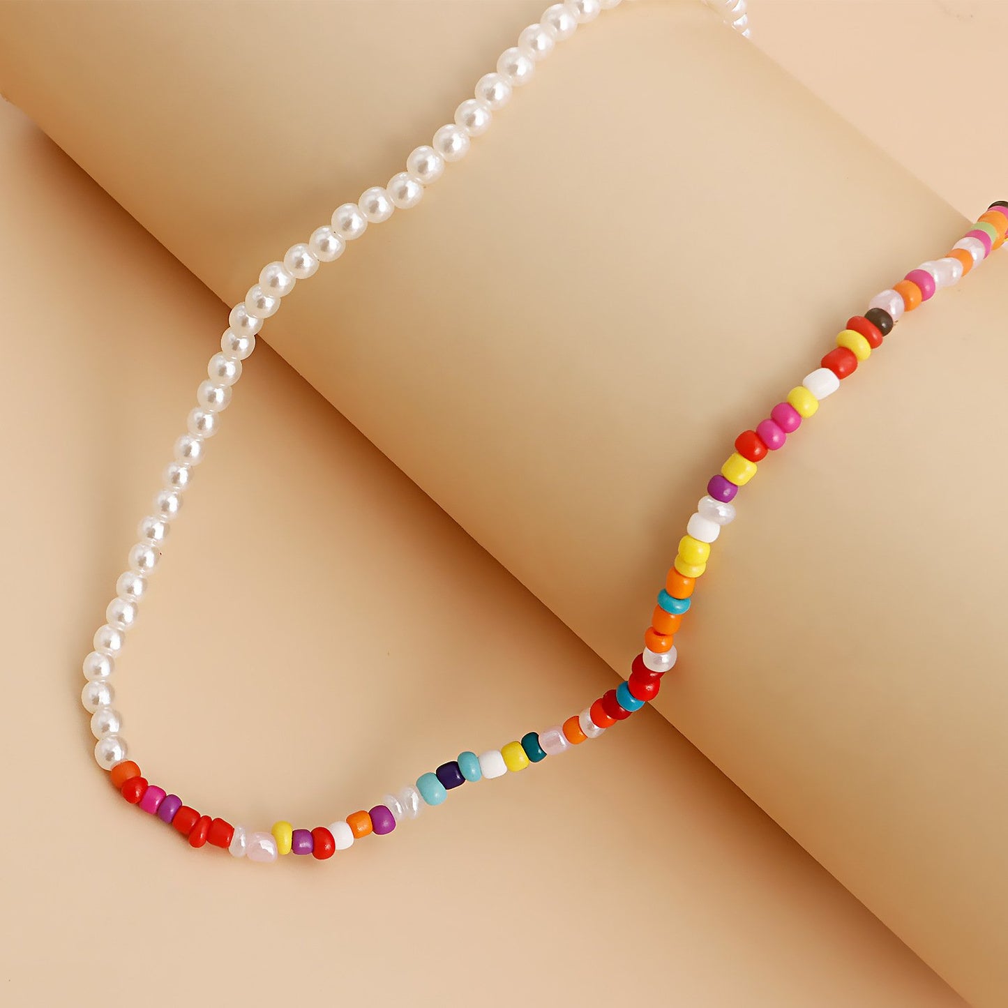 Jewelry Bohemian imitation pearl mixed color colorful rice bead necklace female hand-woven necklace