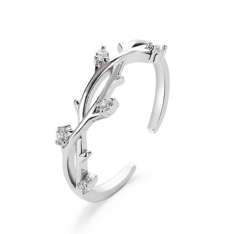 Small fresh ring literary fan with diamond branch opening single ring creative cross rattan adjustable ring
