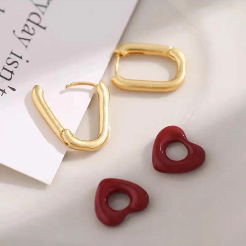 French fashion simple and versatile geometric square earrings red love two wear detachable earrings ins cold