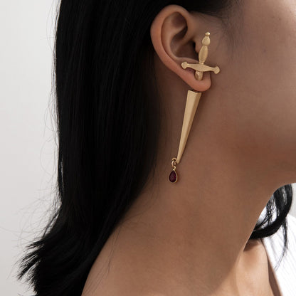 Jewelry niche design long sword hilt earrings trendy cool hip-hop red water drop cross earrings