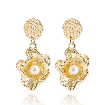 Jewelry golden fold petals inlaid pearl shell pendant earrings women's high sense earrings accessories