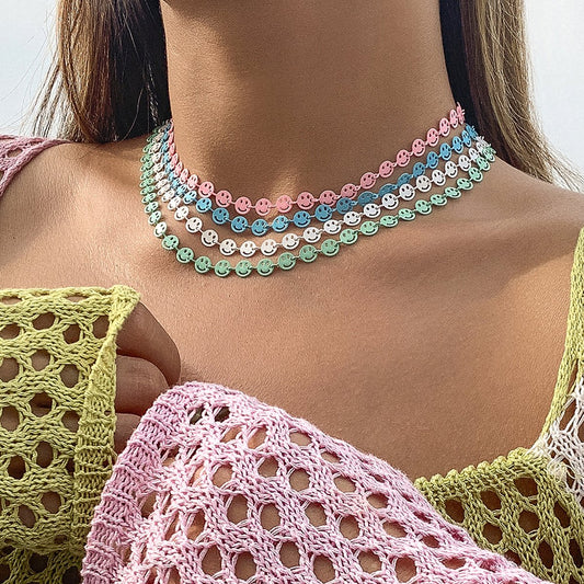 Jewelry sweet cool macaroon color smiley face necklace female simple geometric metal single layer collarbone necklace