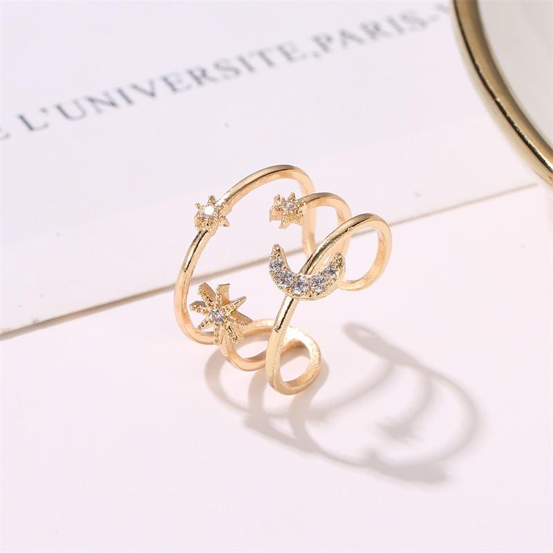 Fashion Ladies Ring Three Layer Hollow Star Moon Ring Personalized Diamond Pentagram Open Ring