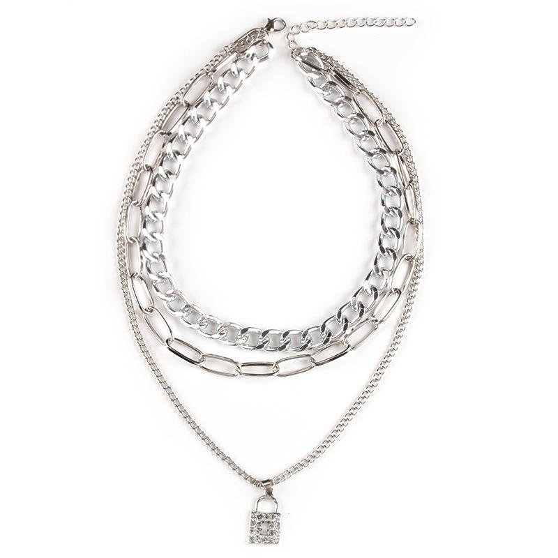 Temperamental metal layered exaggerated retro jewelry trendy temperament personality hip-hop metal lock necklace with diamonds