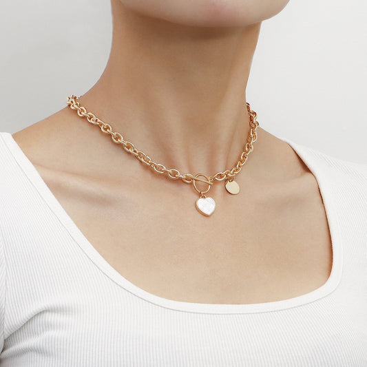 Jewelry geometric exaggerated thick chain white mother-of-pearl love pendant necklace female sweater chain high-end sense