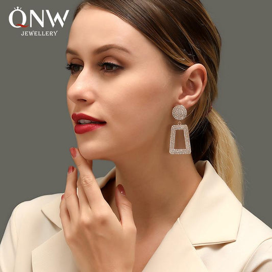 Earrings Temperament Long Flash Diamond Geometric Earrings Women's Fashion Exaggerated Diamond Square Hollow Earrings