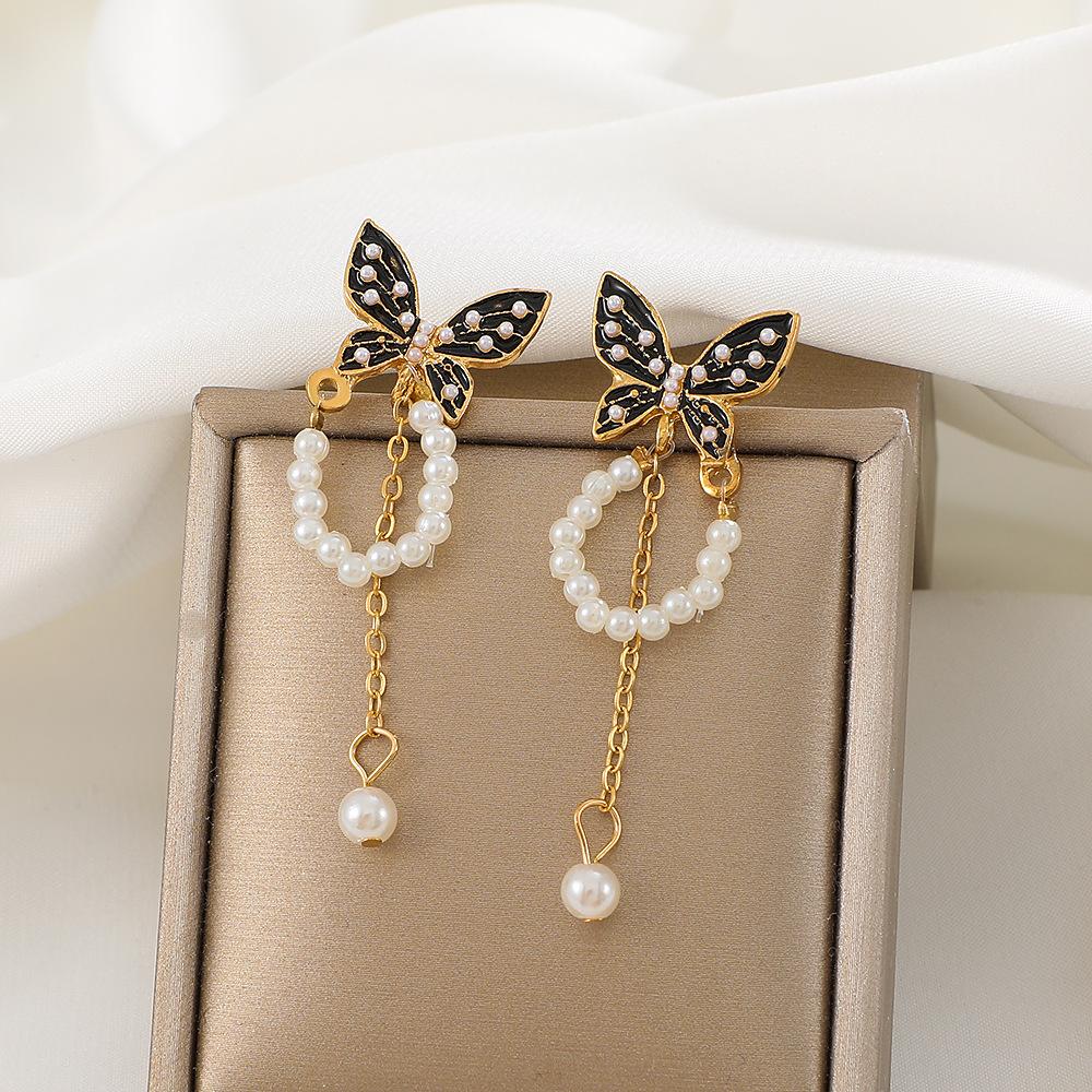 ins black butterfly earrings French light luxury niche design pearl chain tassel earrings sweet earrings