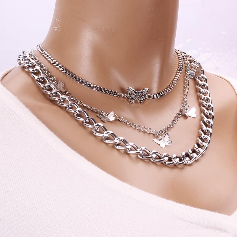 Retro Thick Chain Double Layer Butterfly Pendant Female Geometric Creative Elements Fashion Trend Necklace