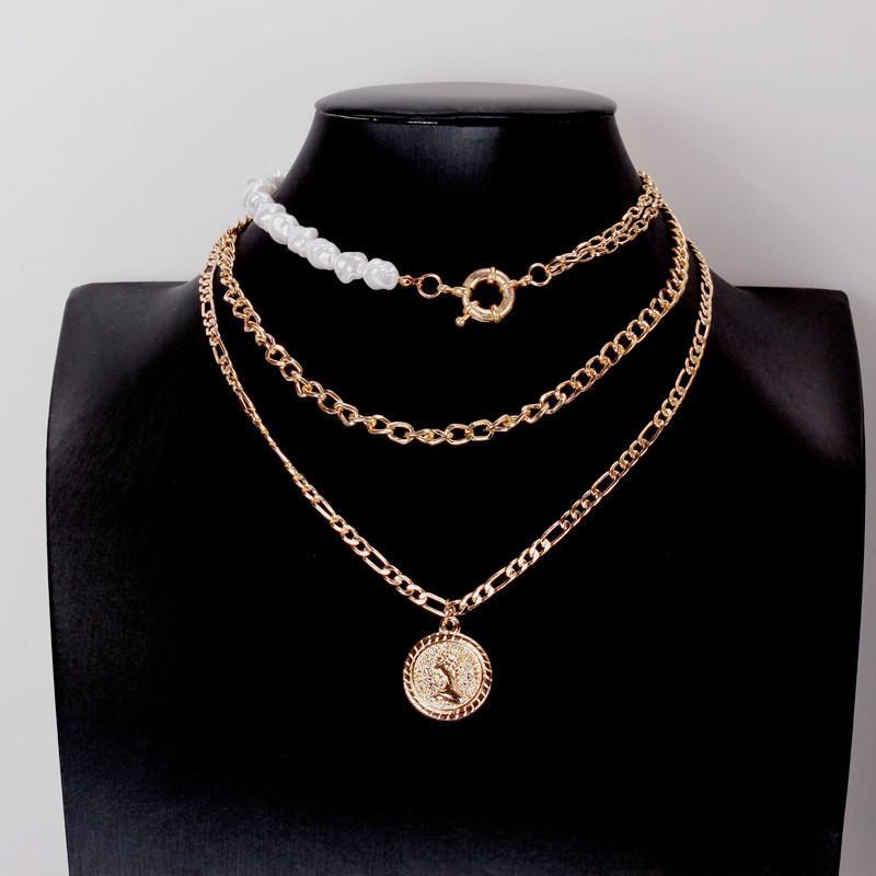Jewelry Fashion Imitation Pearl Mix Three Layer Chain Necklace Hip Hop Rose Embossed Pendant Necklace