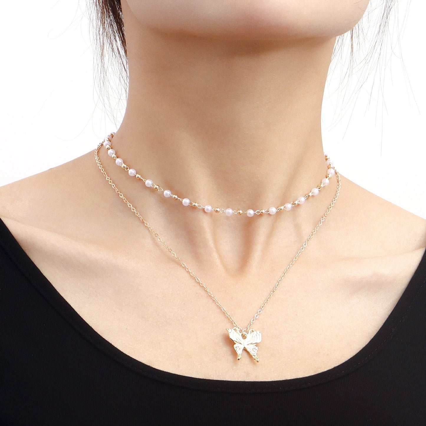 Necklace Fashion Double Pearl Clavicle Chain Butterfly Pendant Necklace Female Jewelry
