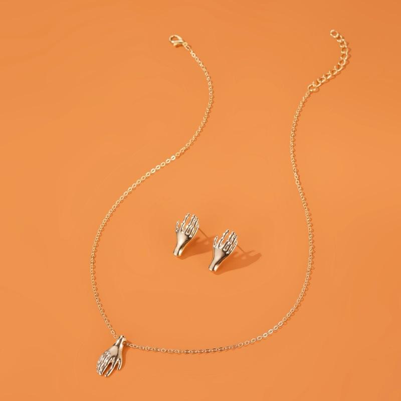 Ins exaggerated palm necklace earrings set fashion temperament simple and chic metal small hand clavicle chain