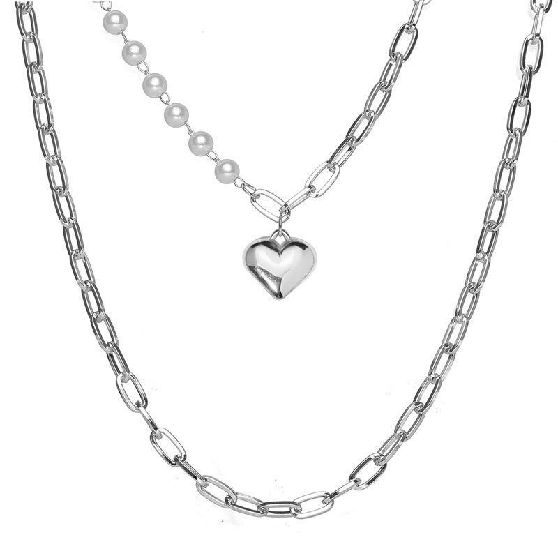 Jewelry punk double-layer geometric big heart pendant imitation pearl necklace female ins all-match necklace