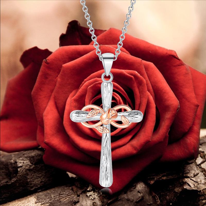 Women's Fashion Religious Belief Cross Rose Gold Flower Lucky Figure 8 Pendant Necklace