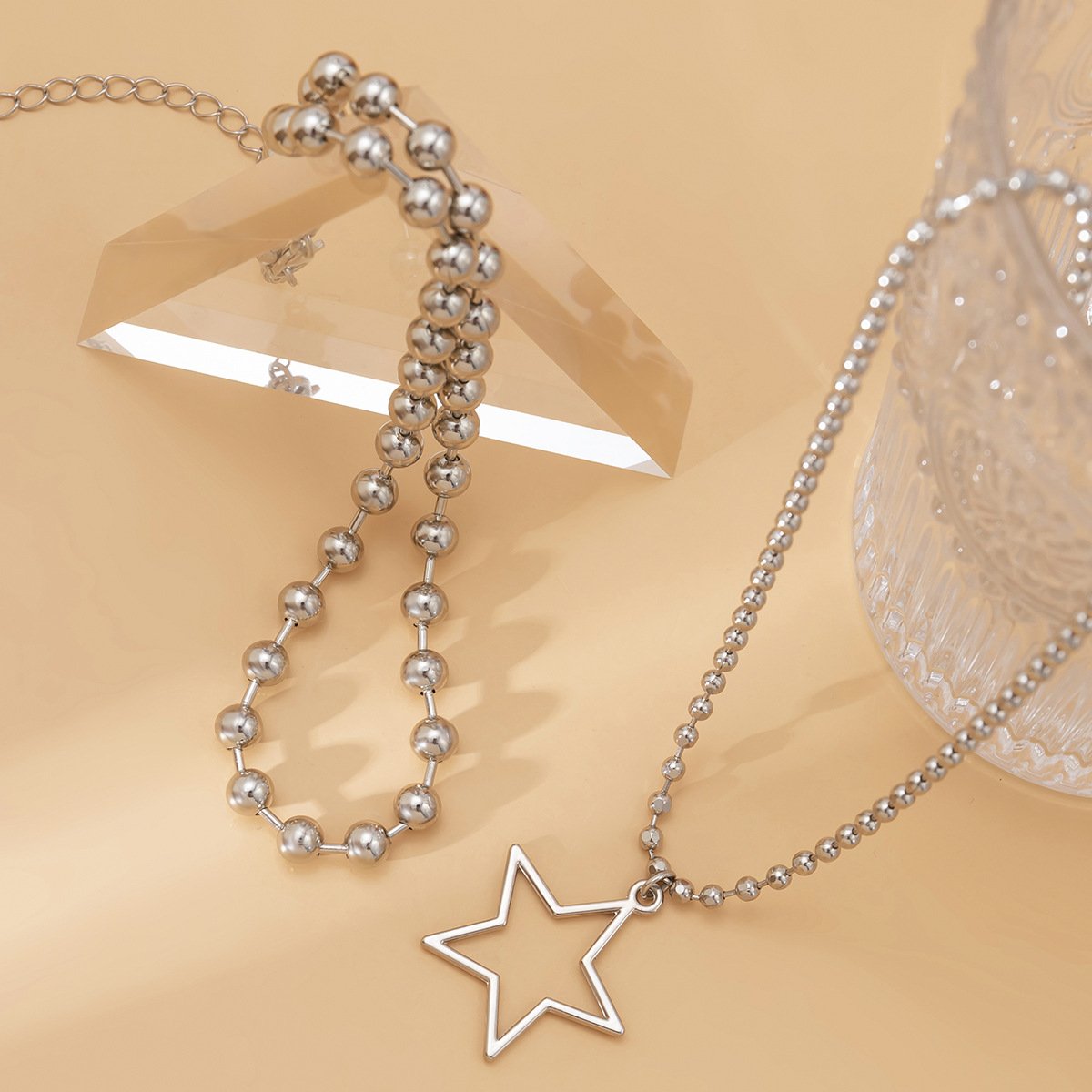 Jewelry Sweet and Cool Metal Bead Mix and Match Necklace Punk Star Hollow Pendant Double Necklace Female